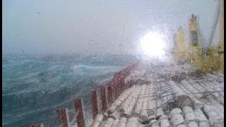 Cargo ship in storm at Kuril Islands - extended version