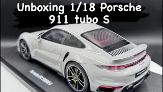 Unboxing 1/18 scale Porsche 911 tubo S from gt spirit 2024 grey color مجسم بورش تيربو اس الجديد