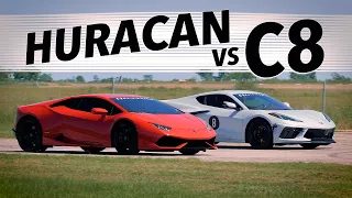 510 HP C8 Corvette vs 602 HP Lamborghini Huracan | Drag & Roll Race Comparison