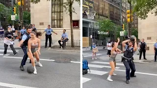 Girl Plays Basketball With Police Officers
