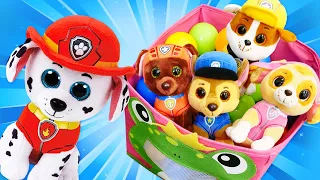 Spielspaß mit Paw Patrol. Die Welpen spielen Verstecken. Spaß mit Spielzeugen