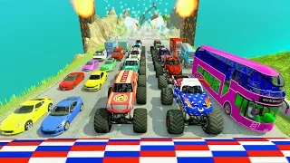 HT Gameplay Crash # 846 | Monster Trucks vs Deep Water Pit - Big Cars vs Color Speed Bumps Fail