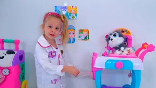 Nastya pretends to play with toy dogs and takes them to the Pet Clinic