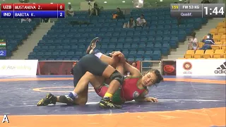 Qual. FW - 53 kg: K. BABITA (IND) df. Z. MUSTANOVA (UZB) by TF, 10-0