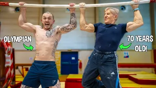 Gymnastics Challenge vs 'The Oldest Gymnast in the World'! {SUPER STRENGTH}