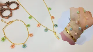 Zarif çiçekli kolye bileklik yapımı. #DIY. Easy Flower chain Bracelet & Necklace making. #tutorial