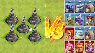 5 Wizard Towers Vs All Max Troops  - Level1 Wizard Towers | Clash Of Clans