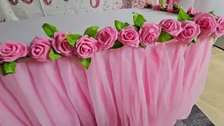 Pink Table Skirt with Roses and Lights