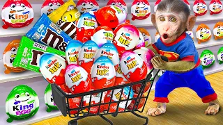 Baby Monkey Kiki go to supermarket and buy kinder joy surprise eggs | Monkey Baby Challenges