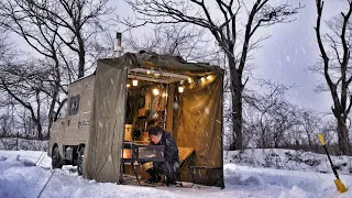 Snow camping BASE CAMP with connecting tent Wagyu steak Snow hiking Relaxing sounds ASMR