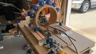 Cutting a stave drum shell with a router and jig.