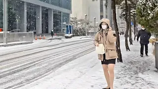 Seoul Heavy Snow Walk in City Area Relaxing Ambience Fall Asleep Calming White Noise  ASMR