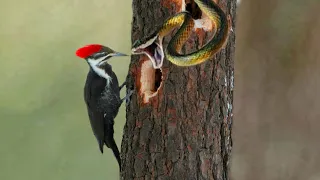 Bird Woodpecker Vs Snake On The Tree