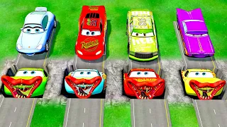 Mega McQueen Eaters pits Vs McQueen and Pixar cars! BeamNG. drive!