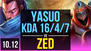 YASUO vs ZED (MID) | 2 early solo kills, KDA 16/4/7, Godlike | NA Challenger | v10.12