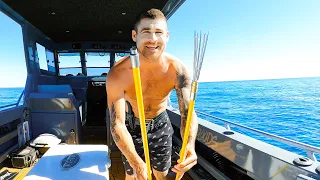 Solo BOAT CAMPING with $50 Spear to Catch Food - Crazy Fun FISHING Session - Cooking on Campfire