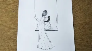 How to Draw a Beautiful Traditional Girl on Swing || Girl Drawing || Traditional Girl with saree