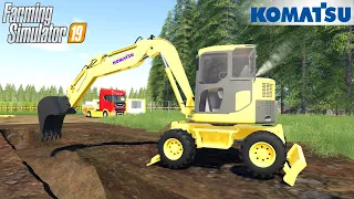 Farming Simulator 19 - KOMATSU PW-98 Excavator Digging A Sewer Trench