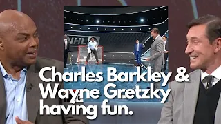 Charles Barkley & Wayne Gretzky laughing /  Wayne Gretzky shoots on Charles Barkley Goaltender
