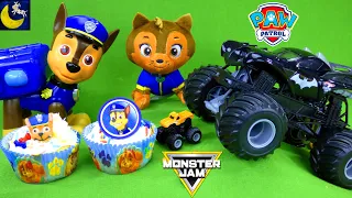 Paw Patrol Toys Make Cupcakes for Monster Jam Trucks Birthday! Best Kids Toy Stories Cooking Video!