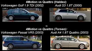 4MOTION vs QUATTRO - HALDEX vs TORSEN - VW Golf & Audi S3 vs VW Passat  & Audi A4 - tests on rollers