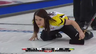 #stoh2016 Campbell (SK) chases behind the corner; Einarson (MB) starts firework in the center