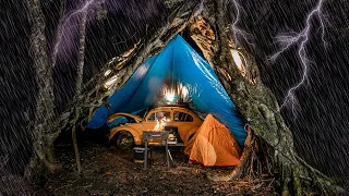 Found The Perfect Tree to Build a Shelter - Camping During a Thunderstorm