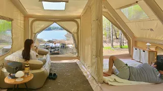 We built an amazing inflatable cabin with 2-cozy rooms in front of the lake.