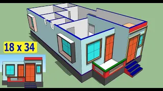 18 x 34 house plan with 3d elevation II 18 x 34 ghar ka naksha II 2 bhk house design