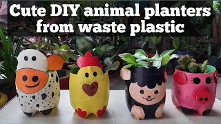 Cute DIY animal planter using waste plastic bottles.