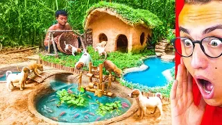 They Built An AMAZING SECRET Primitive HOUSE FOR PUPPIES!
