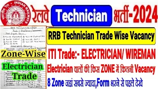 RRB TECHNICIAN भर्ती ITI ELECTRICIAN Trade किस ZONE में कितनी VACANCY सभी देखे,ये 8 Zone से FORM भरे