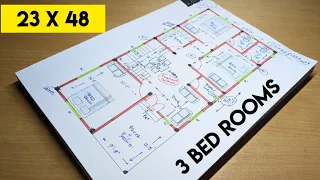 simple 3 bedroom home design with parking II 23 x 48 ghar ka naksha II 3 bhk house plan