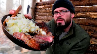 Bushcraft Cooking - PERFECT STEAK & Mashed Potatoes In a Sleet Storm