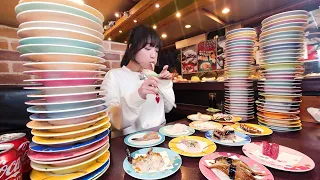 $1 Conveyor Belt Sushi Mukbang! They Ran Out of Plates 😅