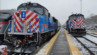 Metra SD70MACH 504 west arrives at Elgin, Illinois on January 7, 2024