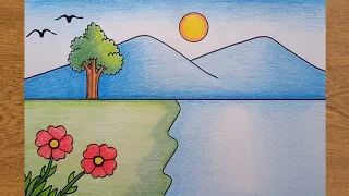 Belajar menggambar pemandangan alam/how to draw landscape very easy/scenery drawing