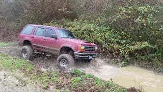 Wet Winter Wheeling VA. Built Ford Explorer crushes mud hole! Winching in the woods at Ryan's Ranch.