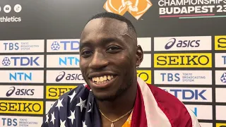 Grant Holloway DANCES and talks after winning 2023 World Championship men's 110 hurdle title