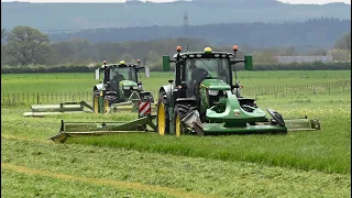 Silage 2023 - Mowing Grass with John Deeres 6R 185 and 6155R with Krone Doubles and Triples