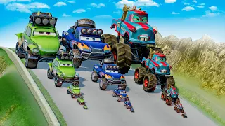 Big & Small Monster Truck Mater vs Big & Small Shifty Sidewinder vs Blue Grit vs DOWN OF DEATH PITS!