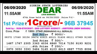 Sikkim State Lottery Result Today 11:55 am 06/09/2020 Dear Love  Morning Live Today