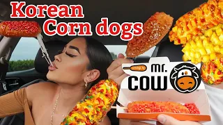 TRYING POPULAR KOREAN CHEESY CORNDOGS BY MR.COW REVIEW | TASTE TEST | MUKBANG