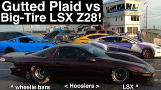 Gutted Plaid vs Big-Tire Z28 Drag Car! Plus Plaid vs Plaid! 1/4 mile! New Flat-Out runs in UHD 4K!