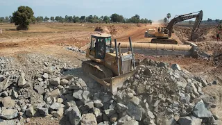 New Project !!! On The New Road Construction Take Bulldozer To Pushing Rock With Dump Truck 25 ton