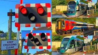 Triple, Two Trams, One Train at Brickyard Level Crossing, Nottinghamshire