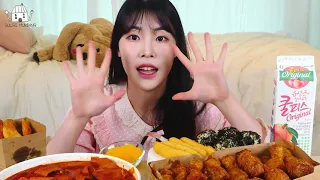 asmr mukbang spicy cheese tteokbokki honey soy sauce chicken,rice ball,cheese...