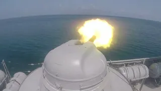 Russian Buyan-Class corvette Makhachkala firing its AK-630 CIWS at aerial target