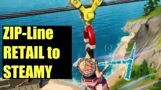 Ride a zipline from steamy stacks to retail row - Fortnite Challenge guide (how to)