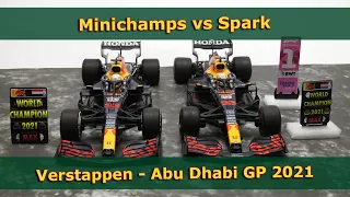 Minichamps vs Spark - Max Verstappen World Champion Red Bull Honda RB16B Winner Abu Dhabi GP 2021